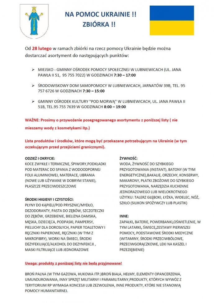 Lubniewice - zbiórka darów dla Ukrainy